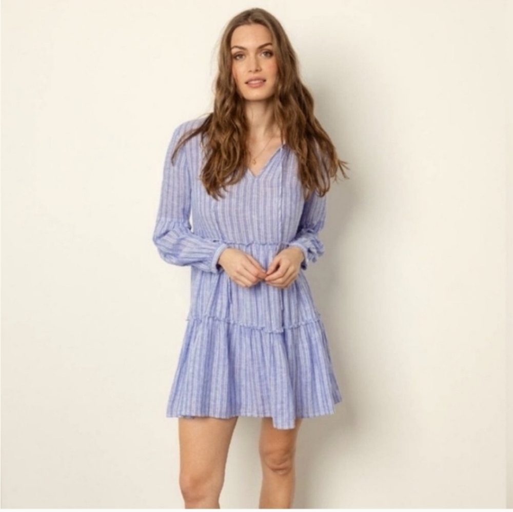 Rails Everly Ludlow Stripe Tiered Dress Rayon Linen Blue White S